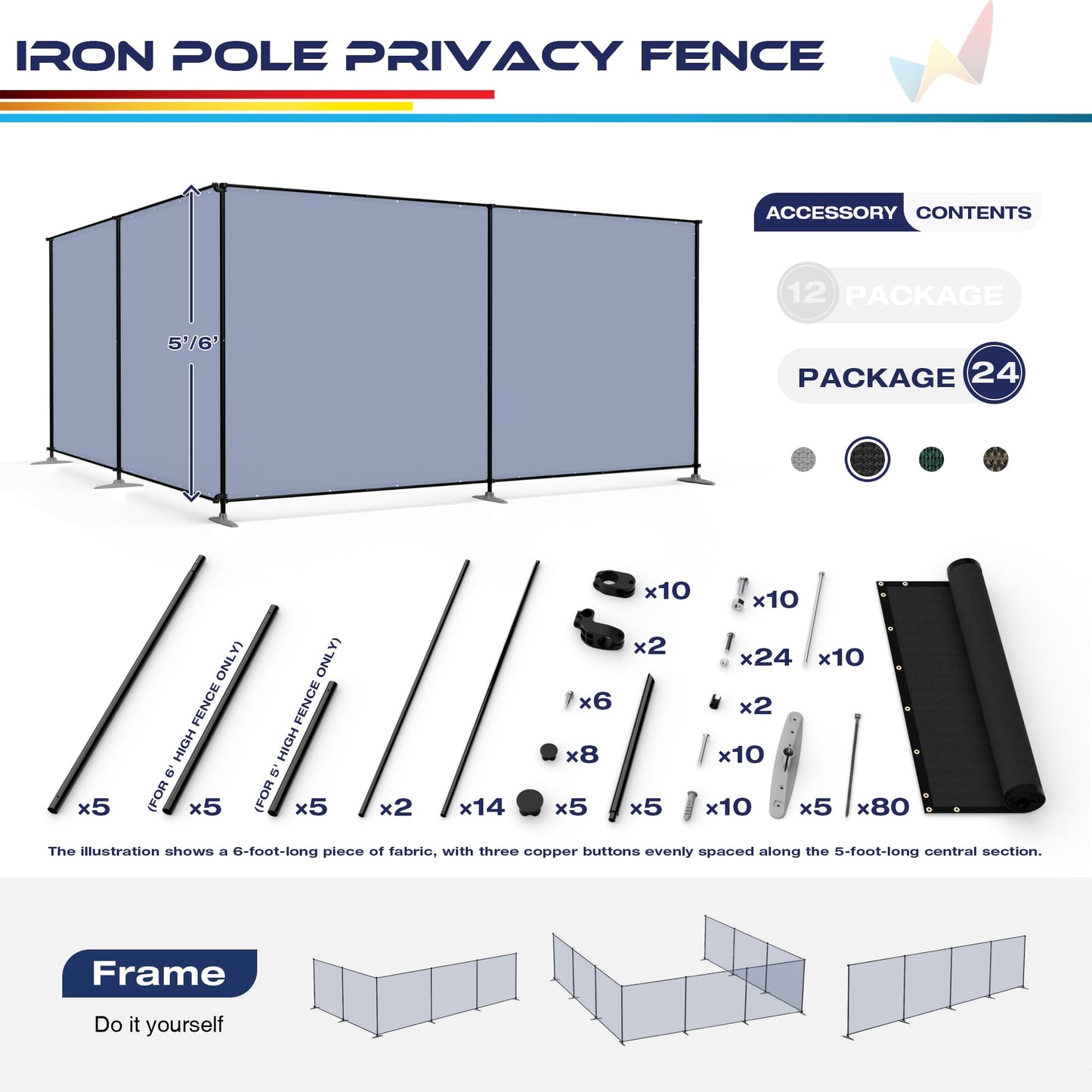 Windscreen4less Outdoor Privacy Fence Screen, 6'x24' Freestanding Privacy Fencing Set with Iron Poles and Ground Spikes, UV Resistant Mesh Cover Garden Pet Fencing for Backyard Patio Pool, Black