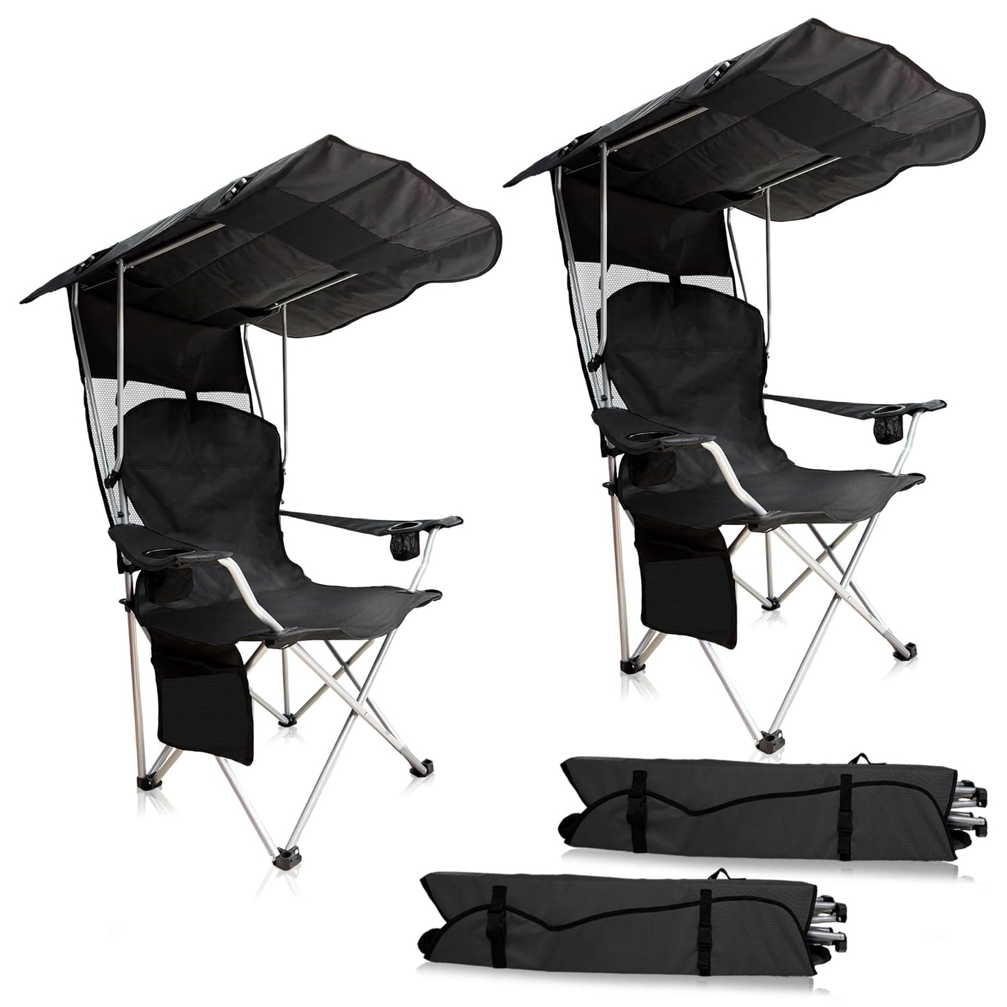 CAMP SOLUTIONS Portable Camping Chair with Canopy Shade- Folding Camping Lounge Chair with Cup Holder & Side Pocket for Outdoor Camping, Fishing, Beach - Support 330 LBS(BLACK-2PK)