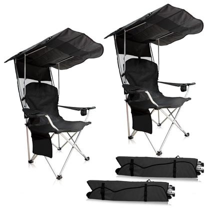 CAMP SOLUTIONS Portable Camping Chair with Canopy Shade- Folding Camping Lounge Chair with Cup Holder & Side Pocket for Outdoor Camping, Fishing, Beach - Support 330 LBS(BLACK-2PK)