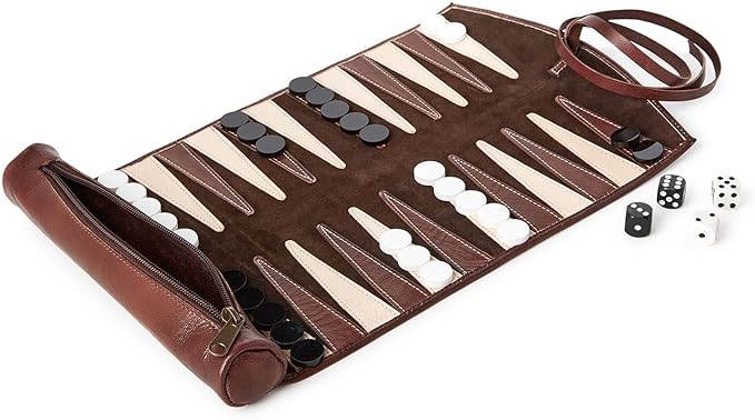 Two's Company Roll-Up Portable Genuine Leather Backgammon Game Set 12-Inch Chestnut