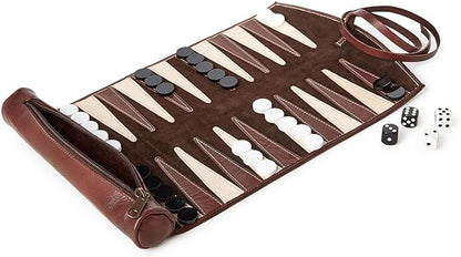Two's Company Roll-Up Portable Genuine Leather Backgammon Game Set 12-Inch Chestnut