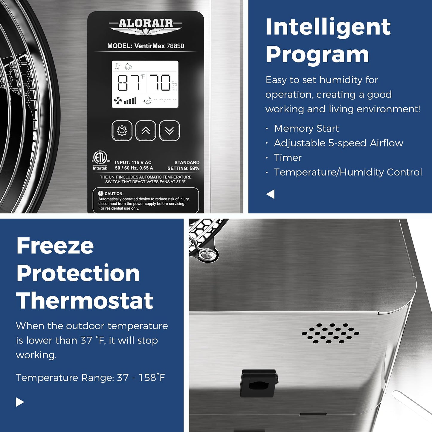ALORAIR 780 CFM Crawlspace Ventilator Fan with Humidistat, Stainless Steel Exhaust Vent Fans with Digital Display, Timing Cycle, Freeze Protection Thermostat, for Basement, Garage, Attic, Grow Tent