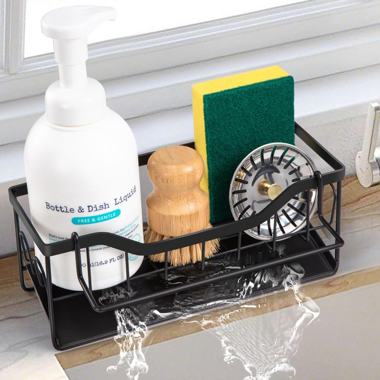Sinnsally Sponge Holder for Kitchen Sink Caddy,Stainless Steel Dish Soap Dispenser Rack,Dish Soap Caddy for Kitchen Sink Utensil Holder with Drain for Countertop,Kitchen Counter Organizer and Storage
