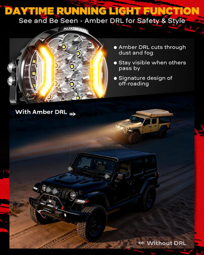 Auxbeam V-Ultra Series Side Shooter Light Bar, 5Inch 172W Round Offroad Lights LED Pods 20400LM, Amber DRL & Spotlight Dual Color 270° Wider Off Road Lighting with Protective Covers, Pair