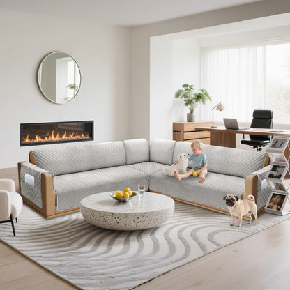 SYJOVIA Sectional Couch Covers for Dogs 100% Waterproof Corner L Shaped Sofa Cover Pet Friendly Velvet Washable Anti Slip L Shape Modular Sofa Slipcover Protector with Pockets (Light Gray, Small)