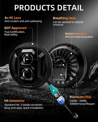 BESURE 2PCS New Anti-glare 7 Inch Round Led Headlights DOT Approved Compatible with Jeep Wrangler JK TJ LJ, C-hevy, M-iata & More, Hi/Low Beam Headlight Assembly, H6024 LED Headlight IP67 Waterproof