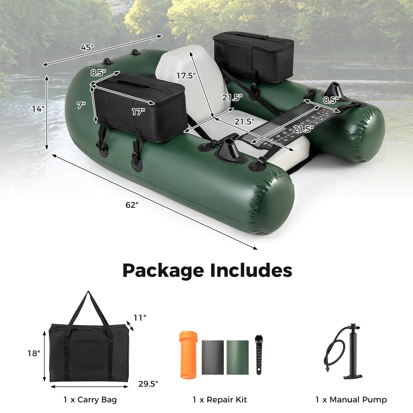 Goplus Inflatable Float Tube, Fishing Belly Boat with Fish Ruler, 2 Detachable Storage Bags, Pump, Carry Bag, PVC Fish Boat w/Reinforced Drop Stitch Core for Rivers Lakes Angling, 352LBS Load Capacity
