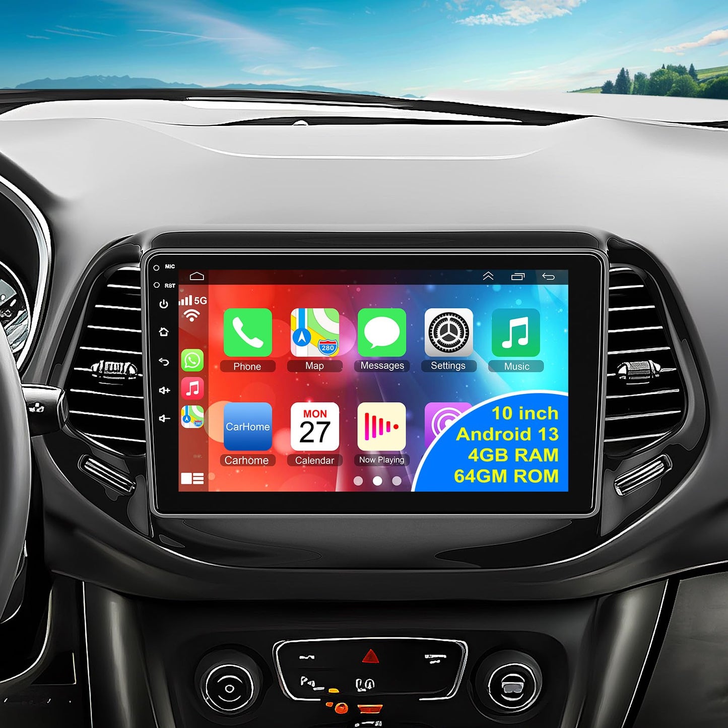 4G+64G Bluetooth Car Radio for Jeep Compass 2017-2020, 10 inch 5GWi-Fi 1280 * 800HD 32EQ Touch Screen Stereo with CarPlay Android Auto SWC +Backup Camera, GPS Navigation
