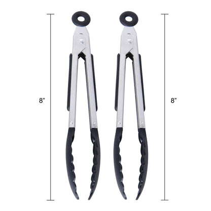 Farberware Mini Tongs Set of 2, 8 Inch Nylon Tip Kitchen Tongs for Cooking and Serving, Stainless Steel Arms with Soft-Grip Handles, Locking Mechanism, Black, Dishwasher Safe