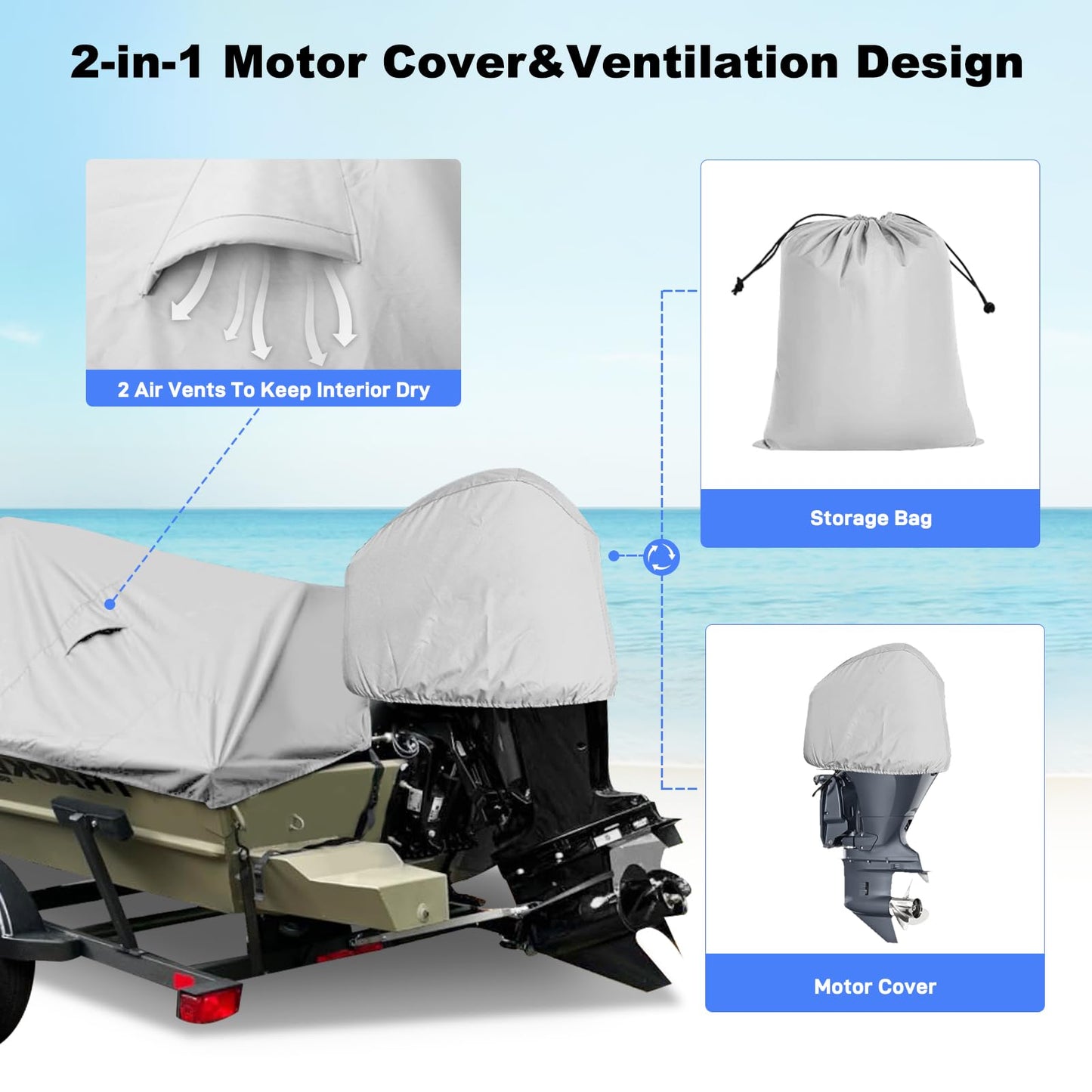 Caminor Boat Cover 14-15.8ft, Bass Tracker Boat Cover with Sand Bag Mooring Kit, 1200D Marine Canvas Waterproof Heavy Duty Boat Covers for 14 feet 15ft 16' V Hull Bass & Runabout Boat,Gray