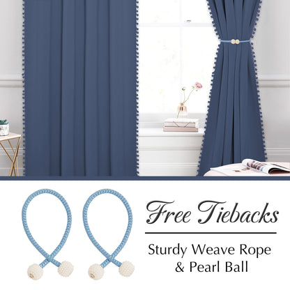 StangH Stone Blue Blackout Curtains 84 inch for Living Room/Patio Sliding Door, Pompom Thermal Insulated Door Panels for Bedroom, Nursery Kids Home Decoration, W52 x L84, 2 Panels