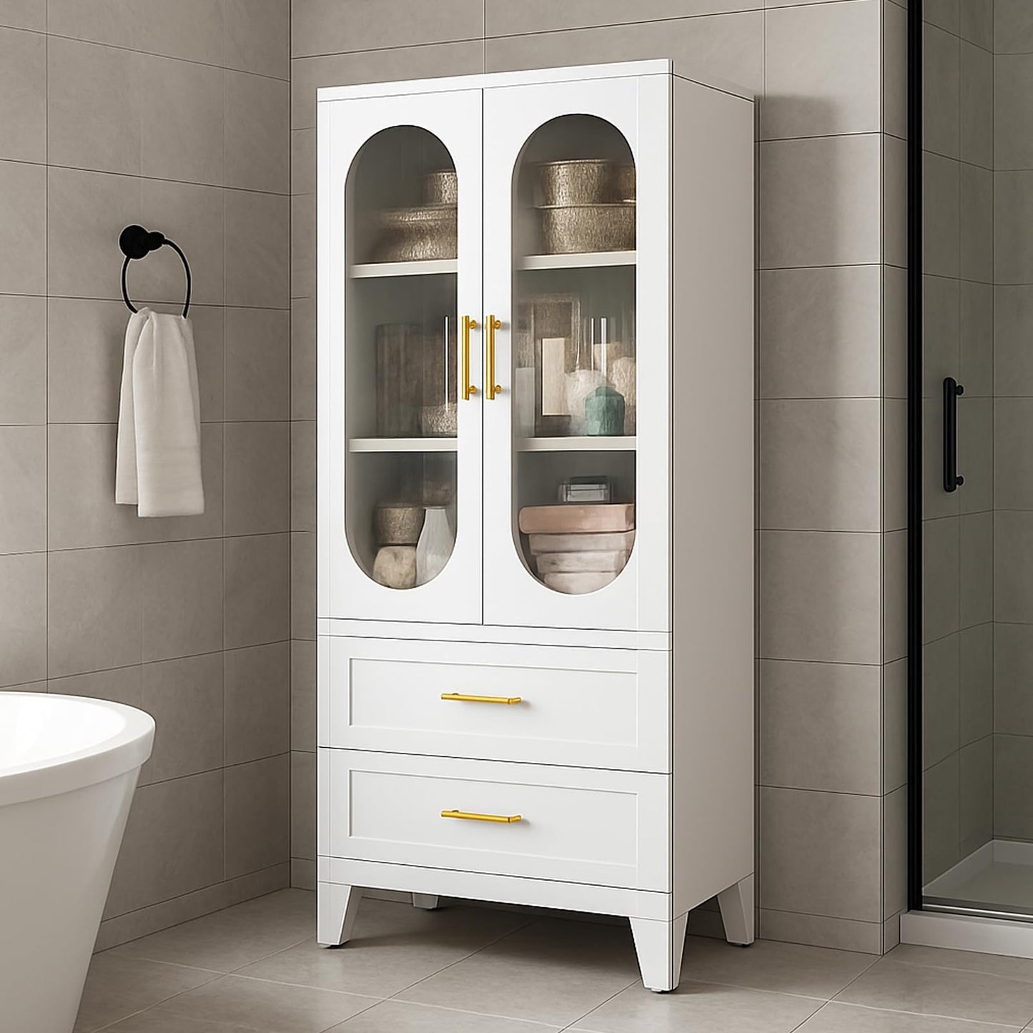 Takywep 73" Tall Pantry Cabinet, White Freestanding Storage Cabinet with Fluted Glass Door, 2 Spacious Drawers & Adjustable Shelves, Slim 14" Deep Organizer for Kitchen, Bathroom, Office, or Hallway