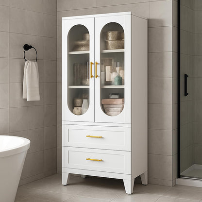 Takywep 73" Tall Pantry Cabinet, White Freestanding Storage Cabinet with Fluted Glass Door, 2 Spacious Drawers & Adjustable Shelves, Slim 14" Deep Organizer for Kitchen, Bathroom, Office, or Hallway