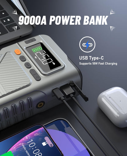 9000A Jump Starter with Air Compressor, Car Charger Portable Jump Box for Car with 150PSI Tire Inflator, Power Pack Jumpstart 12V Vehicle for All Gas/12L Diesel w/Extended Jumper Cable