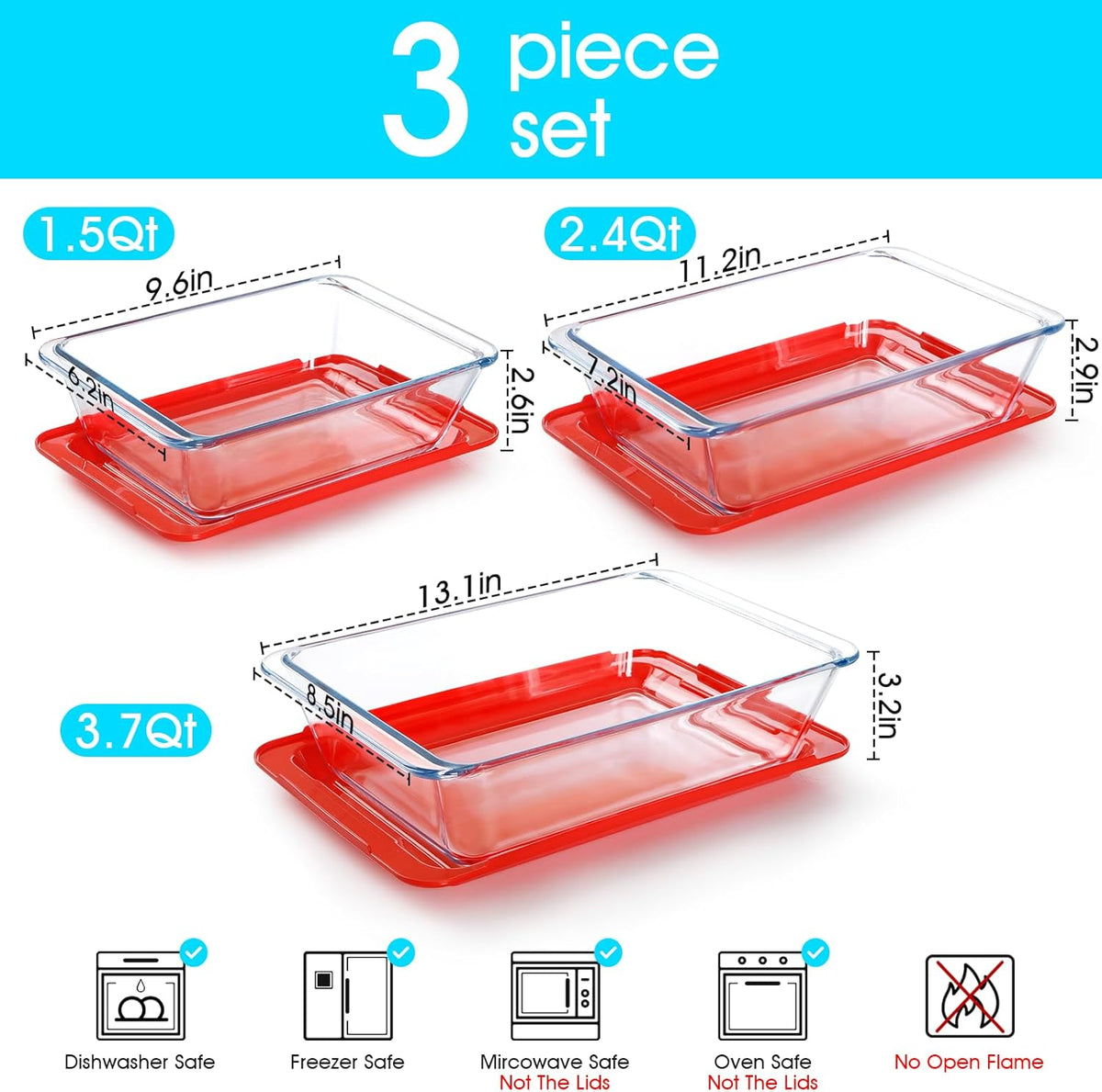 NUTRIUPS Deep Glass Baking Dish Set - 3-Pack with Lids | 1.5Qt, 2.4Qt, 3.7Qt | Perfect for Lasagna & Oven Use