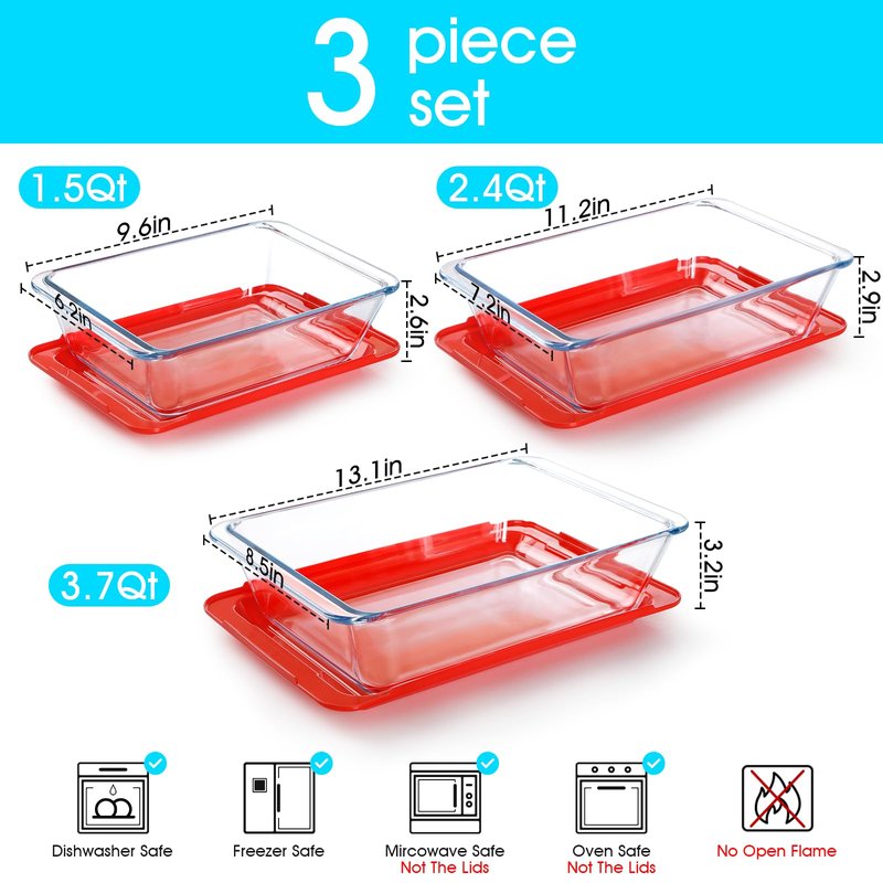 NUTRIUPS 1.5+2.4+3.7Qt Deep Glass Baking Dish, 11.5x8x3 in & 9.5x7x2.7 in & 8x6x2.4 in 3-Pack Deep Lasagne Dish with Lids for Oven, Rectangular Glass Bakeware