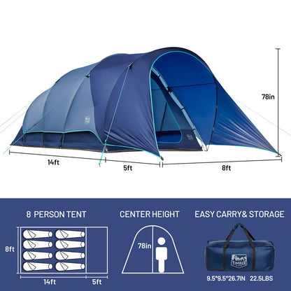 Timber Ridge 8 Person Camping Tent with Large Porch, Portable Waterproof Windproof Family Tent with Rainfly Carry Bag Room Divider, Easy Set-up Tent with Excellent Ventilation for Camping, 3 Season