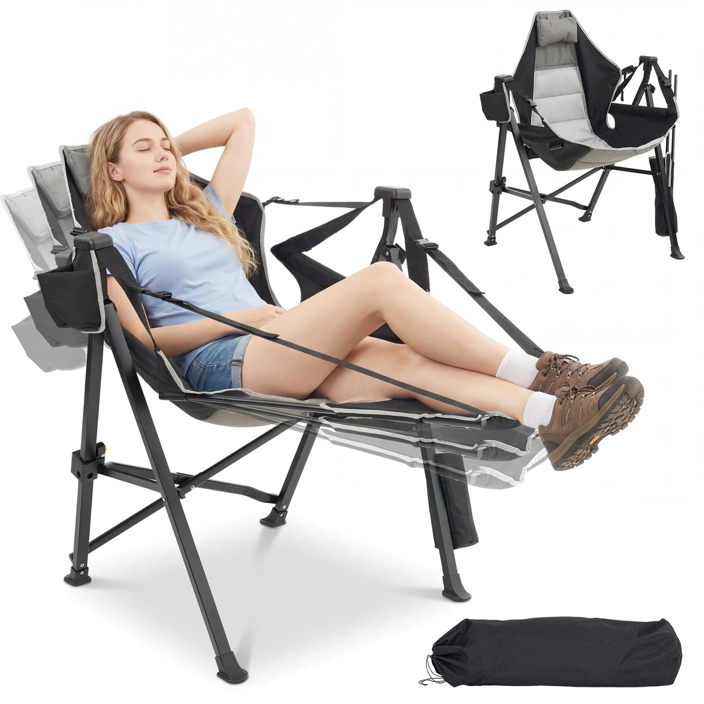 Dovov Hammock Camping Chair with Removable Footrest, 400lbs Heavy Duty Portable Swing Chair Outdoor with Adjustable Back, Foldable Camping Chair with Headrest and Cup Holder for Camping, Patio, Lawn