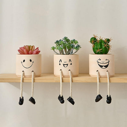 KAKAHOUS Smile Face Planter Pot Ceramic Flower Head Planters with Hanging Foot Doll Succulent Pots for String of Pearls Plant Live Gift Ideas for Mother, Christmas(Laughing)