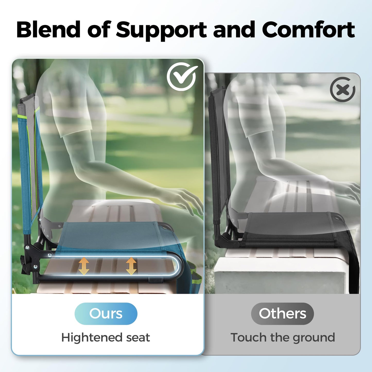 ALPHA CAMP Stadium Seats for Bleachers with Armrests - Thick Padded Bleacher Chairs with Back Support, Extra Wide Stadium Chair for Sports Events, Portable with Shoulder Straps & Pockets, Blue&Grey