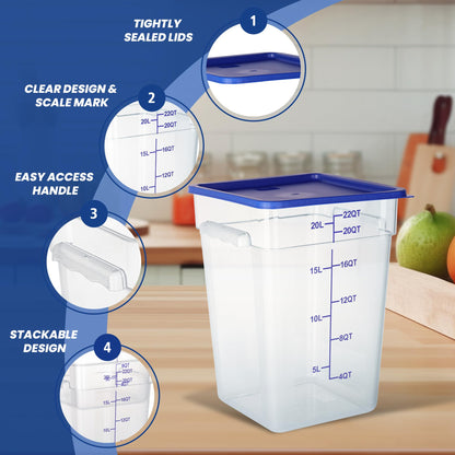 STEELUS 4 Pack 22 Quart Food Storage Containers with Lids, Polycarbonate Square Commercial Food Containers, NSF, Clear, New Version