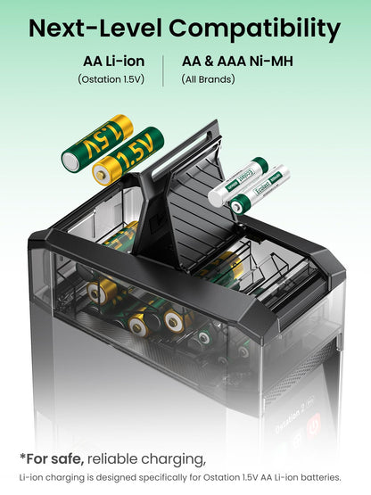 Ostation 2 Pro AA AAA Battery Charger Charging Station with 12 AA Li-ion & 12 AAA NiMH, 3 in 1 Polarity-Free Charger Organizer for NiMH & Lithium, Touchscreen & App, Auto-Detect & Sort, Holds 24 Cell