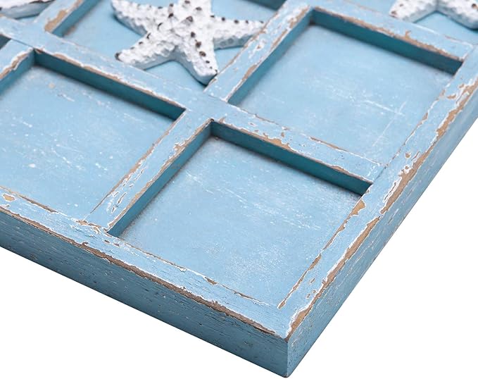 NIKKY HOME Beach Decor Tic Tac Toe Wood Board Travel Game for Family Starfish Sand Dollar Coastal House Coffee Tables Decor 8.98 by 8.98-in Rustic Blue