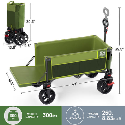 Timber Ridge 47" L Collapsible Wagon with Tailgate & Brake, 300 lbs Heavy Duty Beach Wagon with All-Terrain Big Wheels, 250L Foldable Utility Cart for Sand Camping Sports Shopping, Green