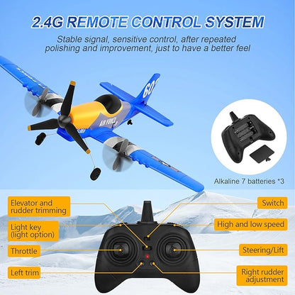 RC Plane 3-Channel 2.4GHZ RC Airplane P51D Mustang Fighter with 2 Batteries KF602 Remote Control Plane Gyroscopes Stabilization System Easy to Fly Suitable for Beginners Kids Adults