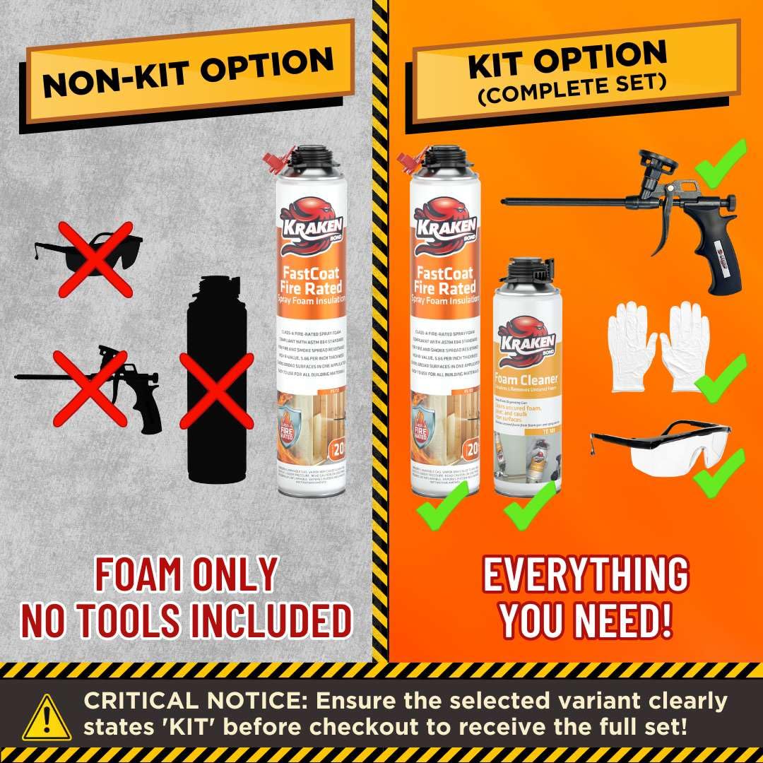 Kraken Bond Fastcoat Fire Rated Spray Foam Insulation Kit Closed Cell in a Can 240 sq ft (12x27.1 oz.) (R-Value 11.32 / 2in) - Spray Foam for Garage Door, Attic, Wall Gun & Cleaner Included, 12 Pack