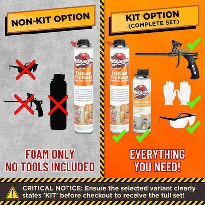Kraken Bond Fastcoat Fire Rated Spray Foam Insulation Kit Closed Cell in a Can 240 sq ft (12x27.1 oz.) (R-Value 11.32 / 2in) - Spray Foam for Garage Door, Attic, Wall Gun & Cleaner Included, 12 Pack
