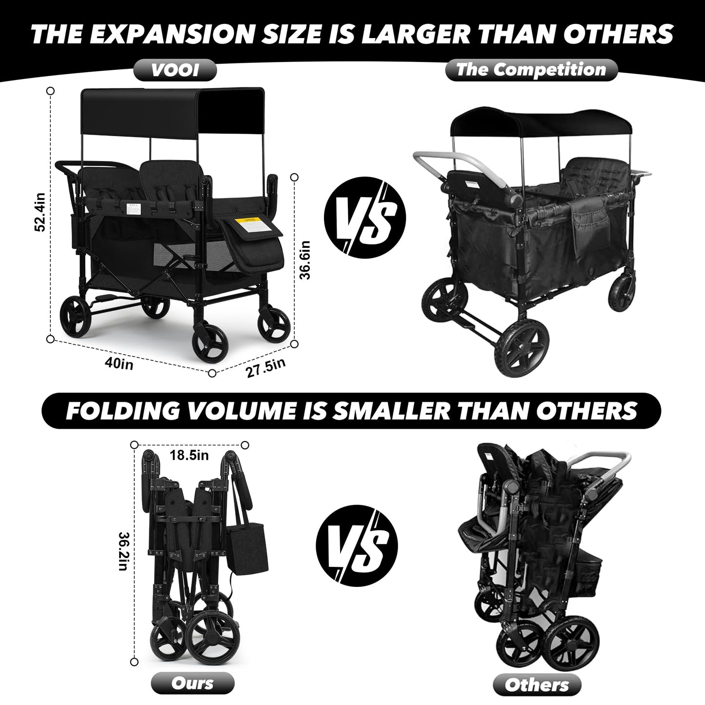 VOOI Stroller Wagon 4 Seater, Wagon for Kids, Collapsible W4 Stroller with Seats with 5-Point Harnesses, Easy Access Zipper Door, and Removable Sun Canopy (Black, W4-Large)
