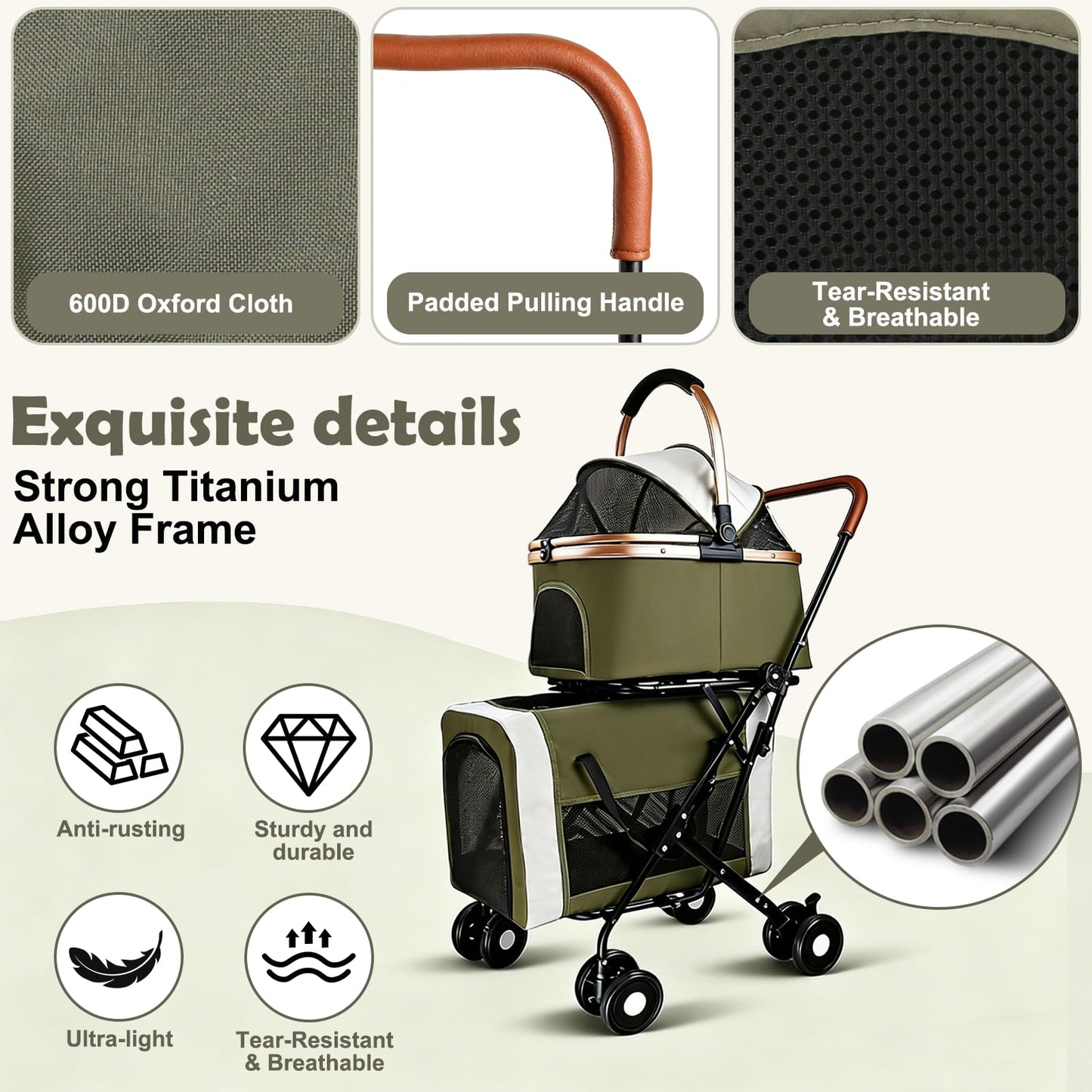 Double Pet Stroller for Dogs and Cats: Dog Stroller Foldable Travel Carriage with Detachable Carriers, Safety Belts, and 4 Lockable Wheels for Small to Medium Pets – Ideal for Multi-Pet Homes (Green)