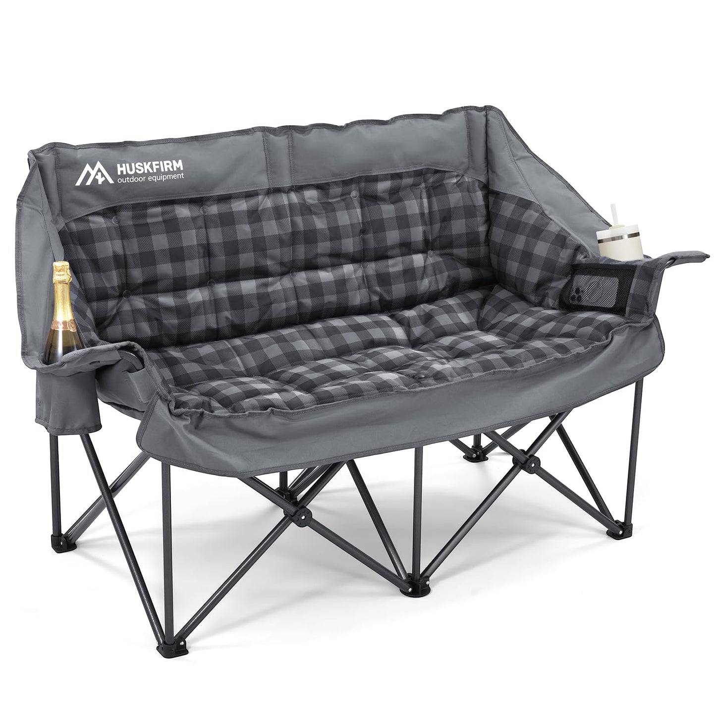 Double Camping Chair Padded 2 Person Camping Chair Camping Loveseat - Heavy Duty Oversized Camping Couch for Adults Outdoor Lawn Beach - Portable Folding Sofa with Cup Holders and Carry Bag, Grey