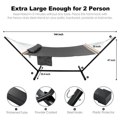 GAFETE 2 Person Hammock with Stand for Outside, Heavy Duty Steel Stand, 55inch Double Hammocks, Large Removable Pillow, Storage Bags, Max 475 lbs Capacity (Haze Gray)