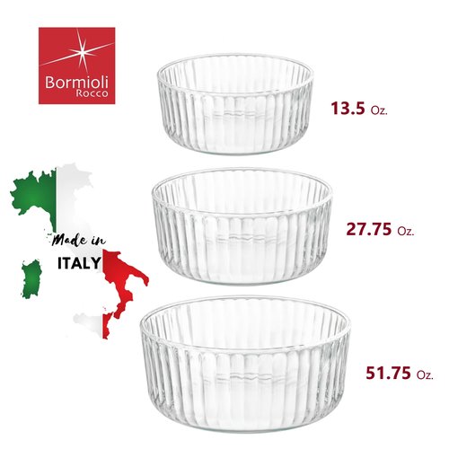 Bormioli Rocco Exclusiva Glass Bowl Set of 3 – 7", 6", 4.75" Stackable Serving Bowls for Snacks, Chips, Dips & Salads – Decorative 3-Size Clear Tableware Collection, Dishwasher Safe, Light-Reflective
