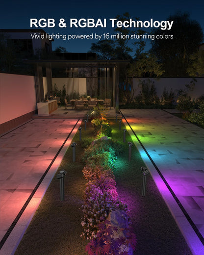 Lumary Smart Pathway Lights Pro 700LM, RGBAICW Color Changing Landscape Lights with 8 Adjustable 355° Spot Lights IP65 Waterproof, 48FT Wired Outdoor Landscape Lighting, WiFi APP/Voice/Remote (4 Pack)