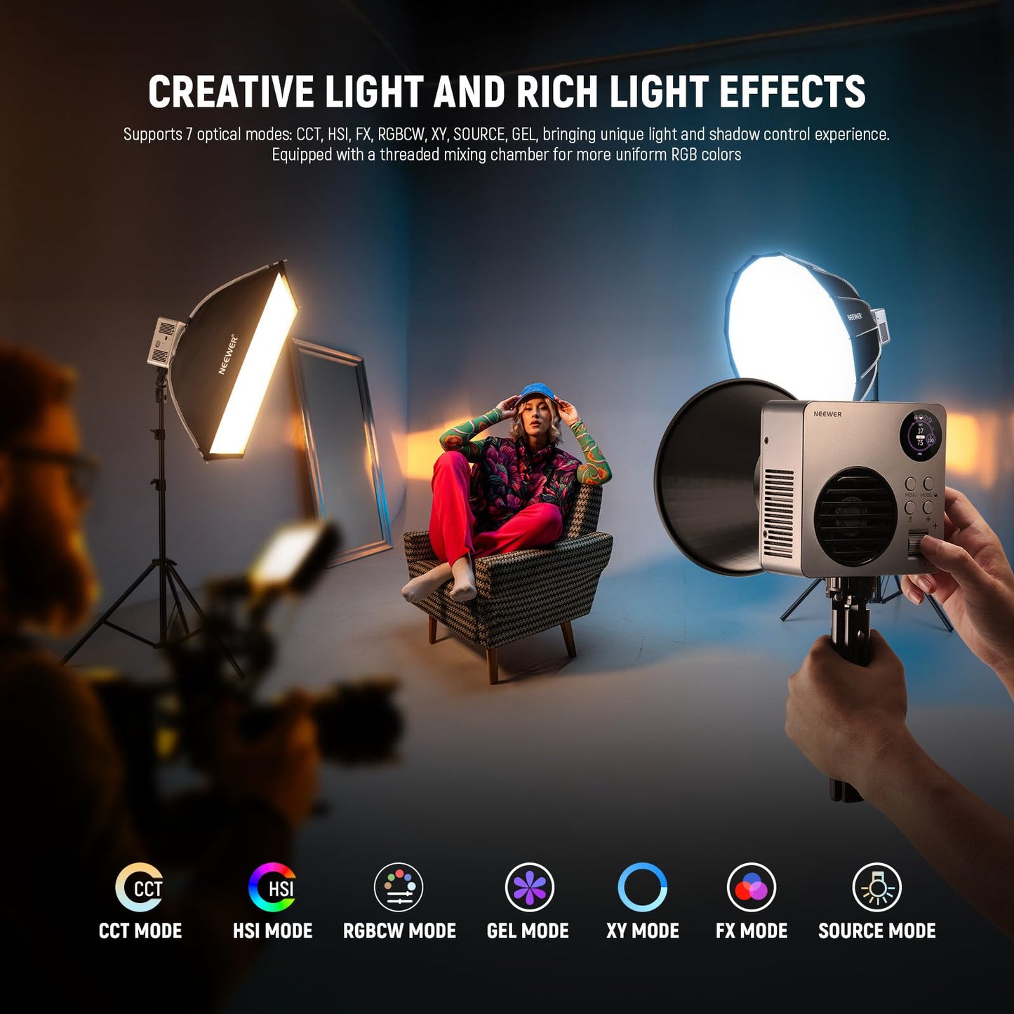 NEEWER HB80C RGBWW LED Video Light with Built-in 72Wh Battery & 100W PD Fast Charging, 80W Mini RGB COB Continuous Output Lighting Bowens Mount Handheld Spotlight 2500K-7500K, 10400lux/m, 18 Effects