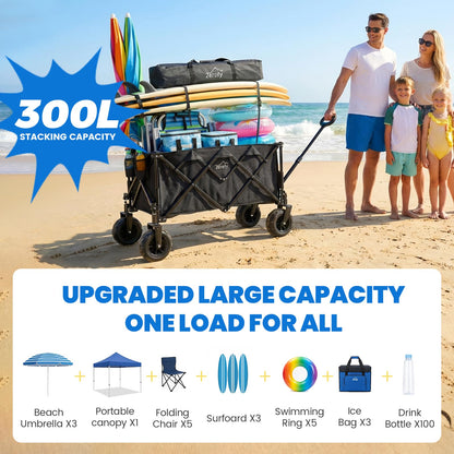Zeraty Beach Wagon with Big Wheels for Sand, Heavy Duty All Terrain Wagons Carts Foldable with Solid 9" Tires, 300L Oversized Capacity & 330 LBS Load, Beach Cart for Outdoor & Camping, Black