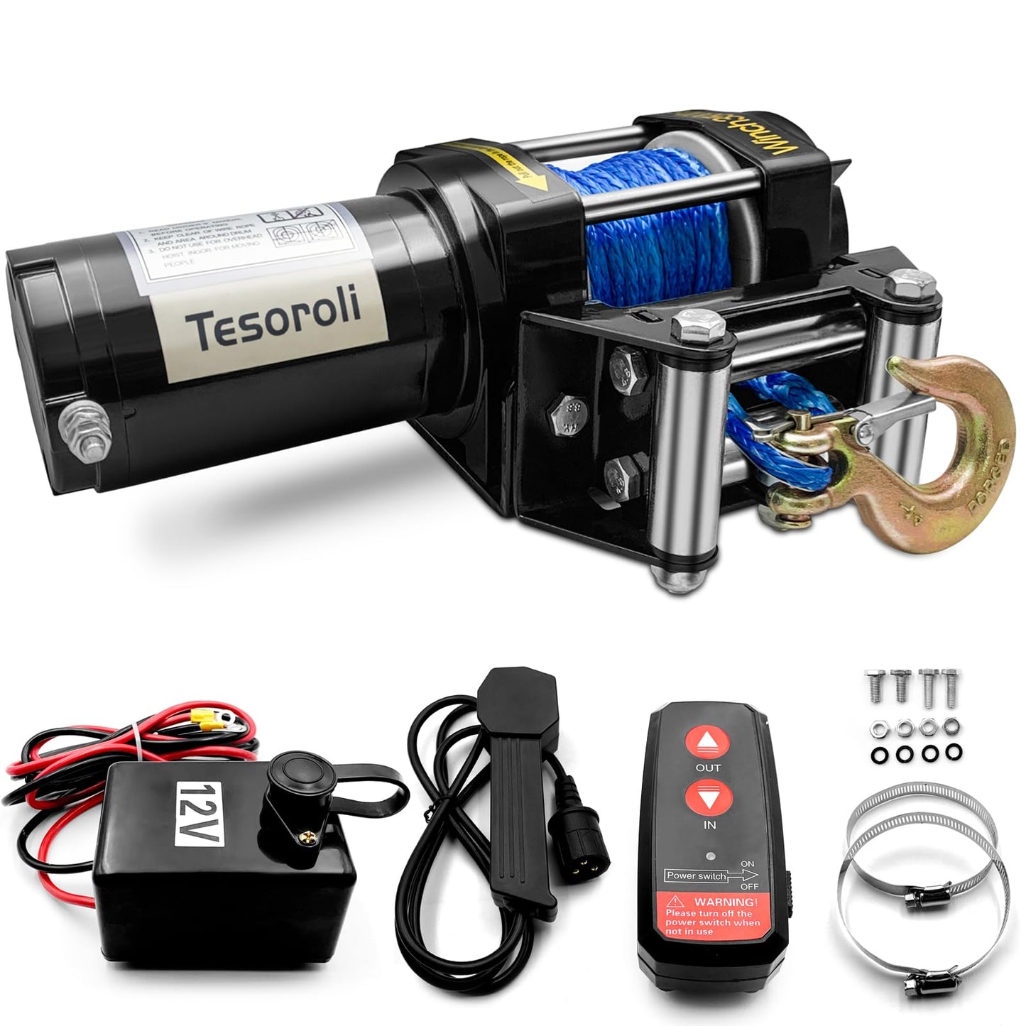 3500lbs ATV/UTV Electric Winch 12V DC with Wireless Remote, Synthetic Rope Electric Winch, Waterproof Winch with Mounting Plate,with Fairlead&Hook for Trucks, Jeeps, ATV, UTV, and Trailers