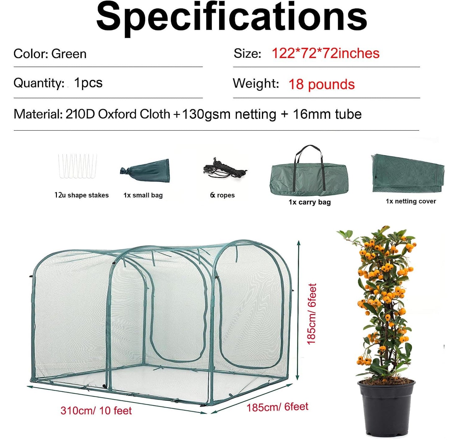 Poray Large Tunnel 10FTx6FT Plant Netting Cover, 6FT Tall Crop Cage Tomato Netting,Pest Guard Cover for Vegetables &Fruits,Durable Gardening Net for Plant and Animal
