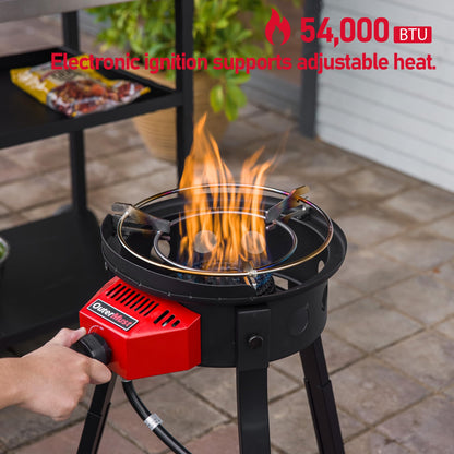 Outdoor Cooker with Iron Wok and Propane Burner, 54,000 BTU High-Pressure Gas Stove with Electronic Ignition & Adjustable Support Stand for Backyard BBQ, Tailgating, Outdoor Cooking