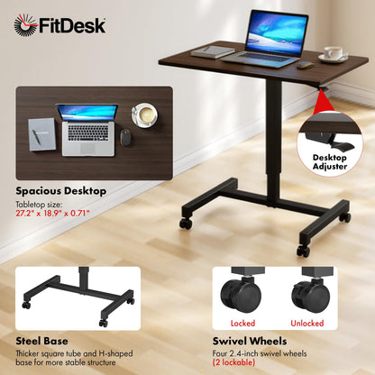 FitDesk Portable Laptop Desk, Rolling Standing Workstation Adjustable Height, Compact Standing Table with Large Surface, Small Stand Desk for Home Office, 30 lb Weight Limit – Walnut, 27" Tabletop