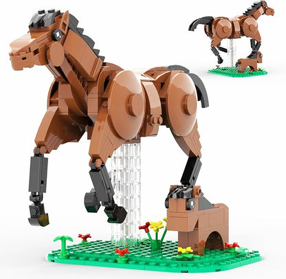 Horse Toys Building Set Realistic Horse Figurines 2-in-1 Mother &amp Foal Horse with Green Base Flowers &amp Grass Creative Animal Building Toy for Kids Ages 6+