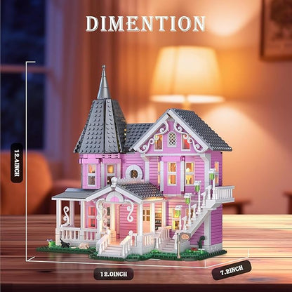 Pink Palace Apartment Building Set with Lights 1349PCS Halloween Haunted House Blocks Compatible with Lego Christmas Birthday Gifts for Kids &amp Collectors Aged 8+