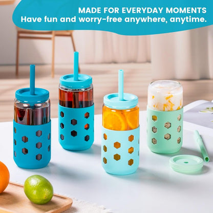 Mrsdry 16 oz Glass Cups With Lids and Straws, 4-Pack Iced Coffee Cup - Smoothie Cup With Silicone Lid and Sleeve for Coffee Bar Accessory, Cute Drinking Glasses Set Reusable Glass Tumbler for Gifts