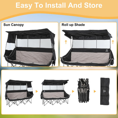 Nice C 3 Person Camping Chair with Canopy, Oversized Double Chair with Shade, Umbrella Chairs Loveseat Couch, Folding Padded Sports Bench with Cup Holder Cooler Bag for Adult Outdoor Lawn(Black&Grey)