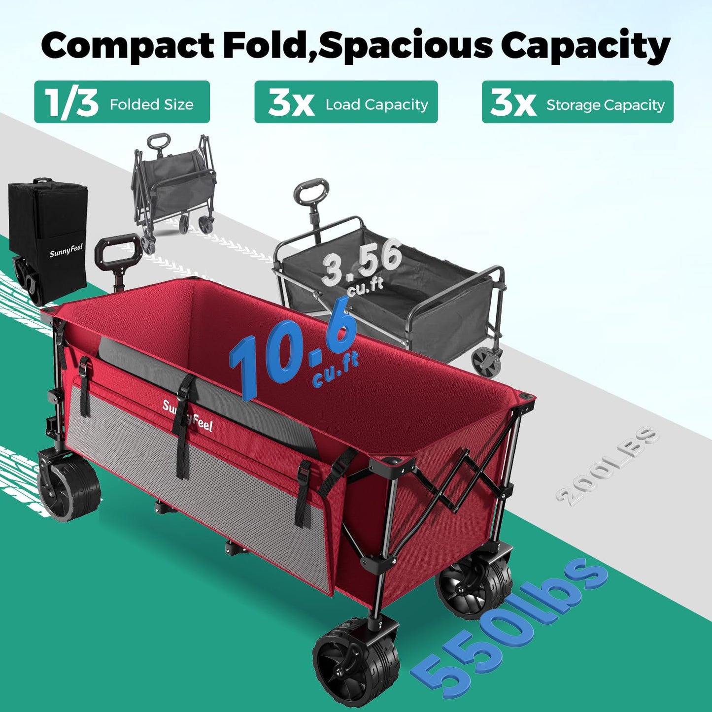 SUNNYFEEL 49" L Foldable Wagon Cart with Big Wheels - 550lbs Heavy Duty Extra Long Collapsible Shopping Cart - Utility Grocery Wagon for Garden Sports Camping Outdoor Activities (Red)