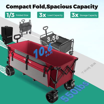 SUNNYFEEL 49" L Foldable Wagon Cart with Big Wheels - 550lbs Heavy Duty Extra Long Collapsible Shopping Cart - Utility Grocery Wagon for Garden Sports Camping Outdoor Activities (Red)