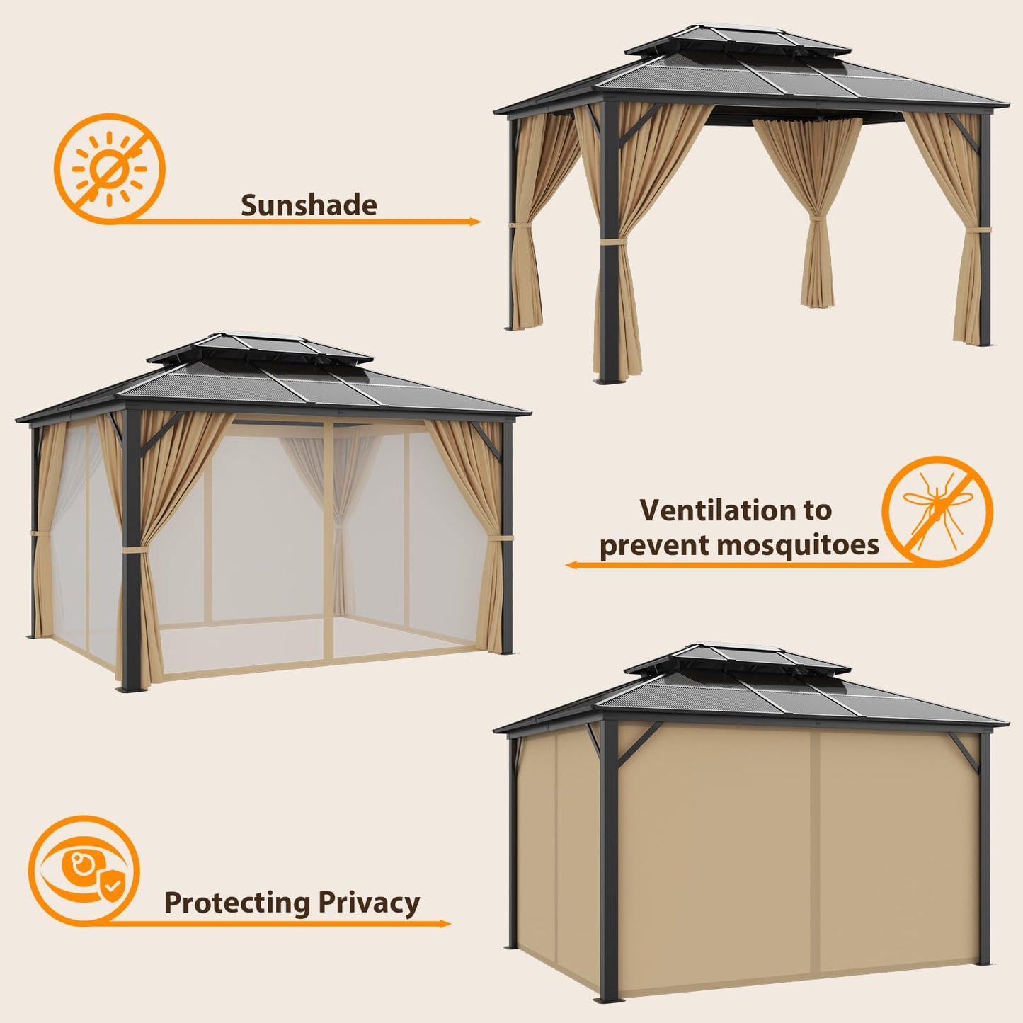 10' X 12' Hardtop Gazebo Canopy, Double Roof Canopy with Netting and Curtains, Outdoor Aluminum Frame Pergola, Heavy Duty Permanent Metal Pavilion for Patio Deck Backyard, Khaki